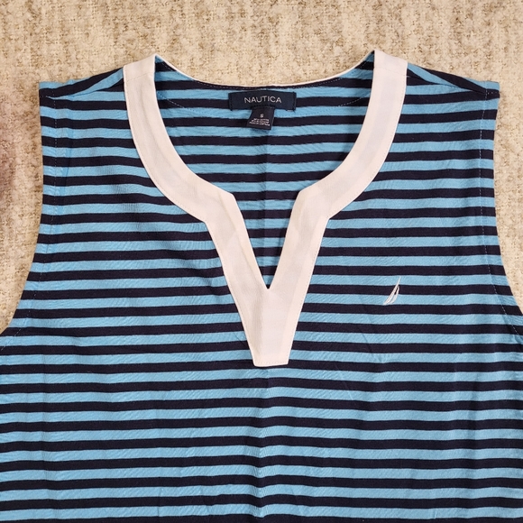 Nautica Blue Sheath V-neck Striped Sleeveless Logo Knee-length Dress - Picture 2 of 8